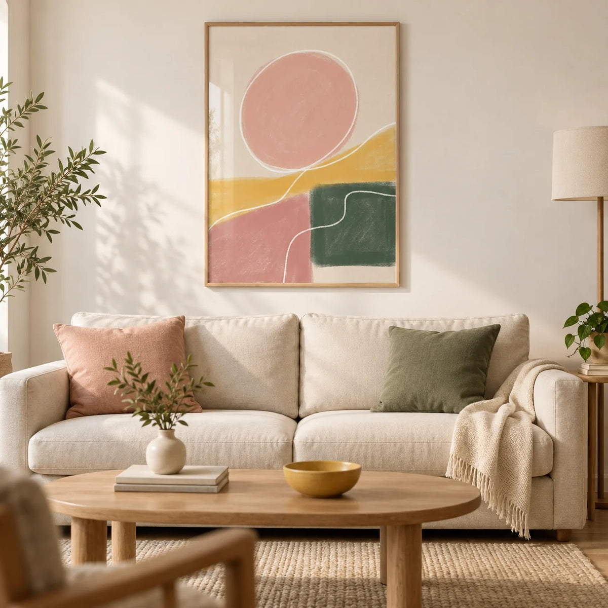 Modern Abstract Print, framed on the wall of a relaxed contemporary living room in a UK first flat with warm white walls and a pale oak floor