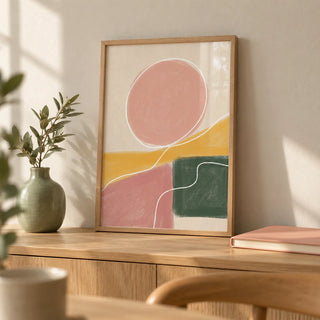 Modern Abstract Print, a small A4 framed print leaning on a pale oak desk