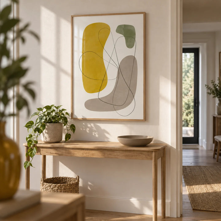Modern Abstract Wall Art, framed on the wall of a bright hallway with a warm white wall