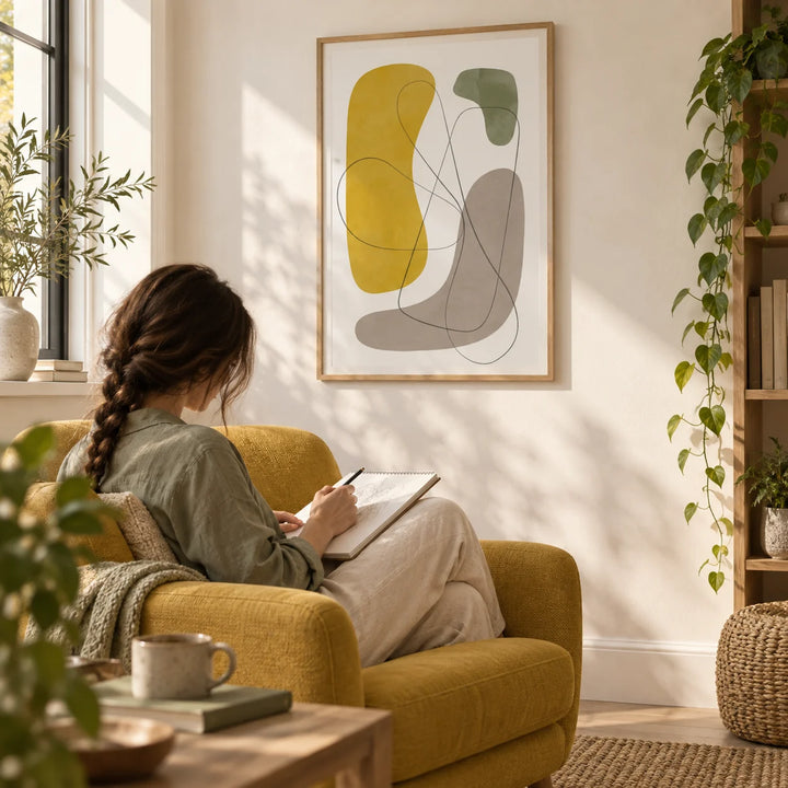 Modern Abstract Wall Art, framed on the wall of a bright reading corner with a warm white wall in a living room