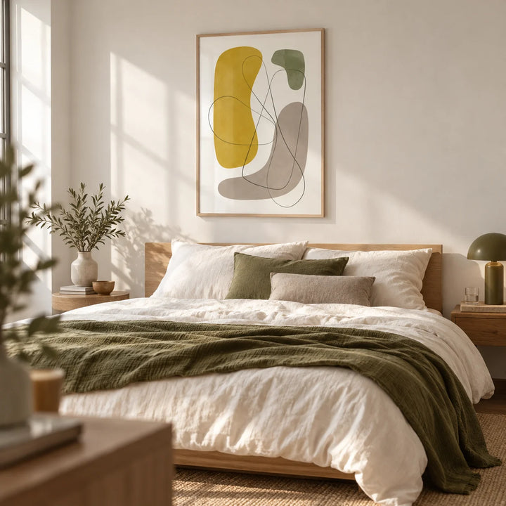 Modern Abstract Wall Art, framed on the wall of a calm bedroom with a warm white wall