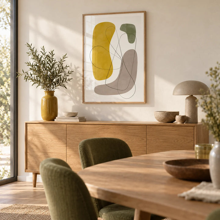 Modern Abstract Wall Art, framed on the wall of a modern dining room with a warm white wall
