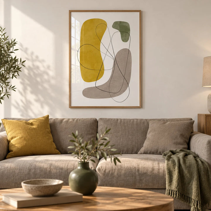 Modern Abstract Wall Art, framed on the wall of a modern living room with a warm white wall