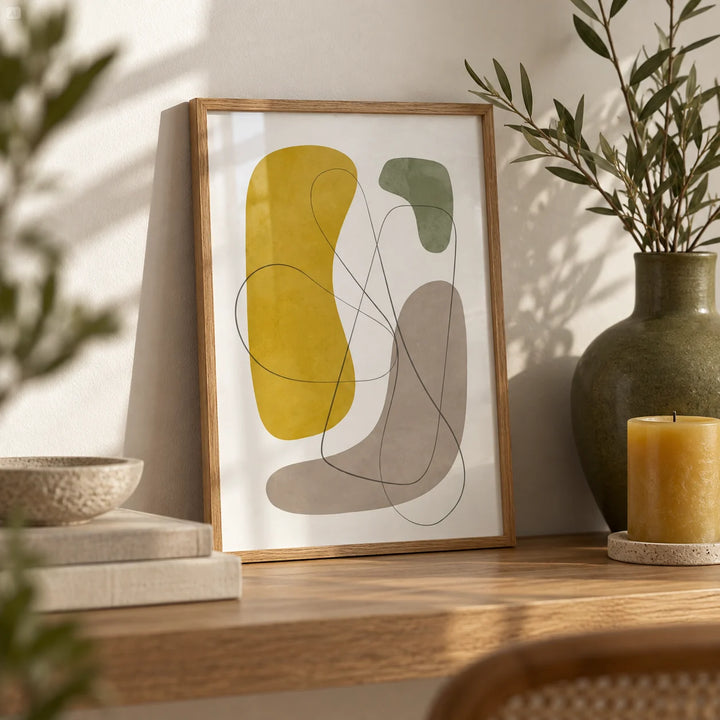 Modern Abstract Wall Art, a small A4 framed print leaning on an oak shelf in a living room