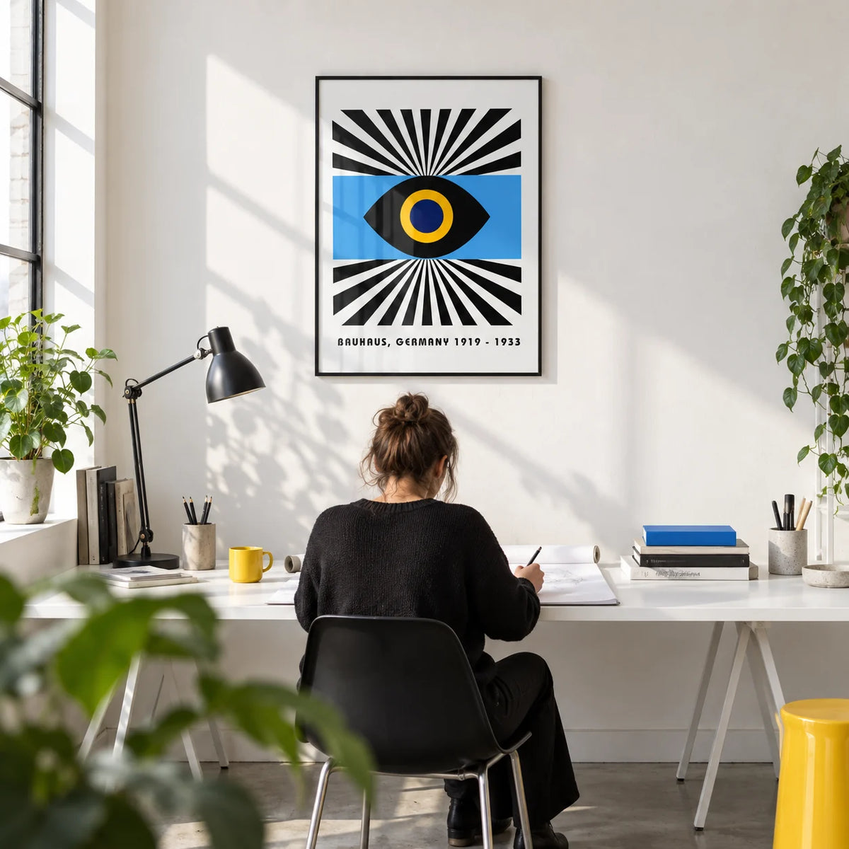 Modern Art Geometric, framed on the wall of a crisp design studio with white walls and a polished concrete floor in a home office