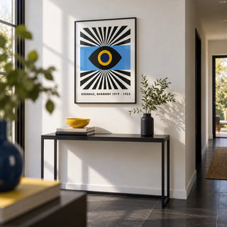 Modern Art Geometric, framed on the wall of a crisp hallway with a white wall and black floor tiles