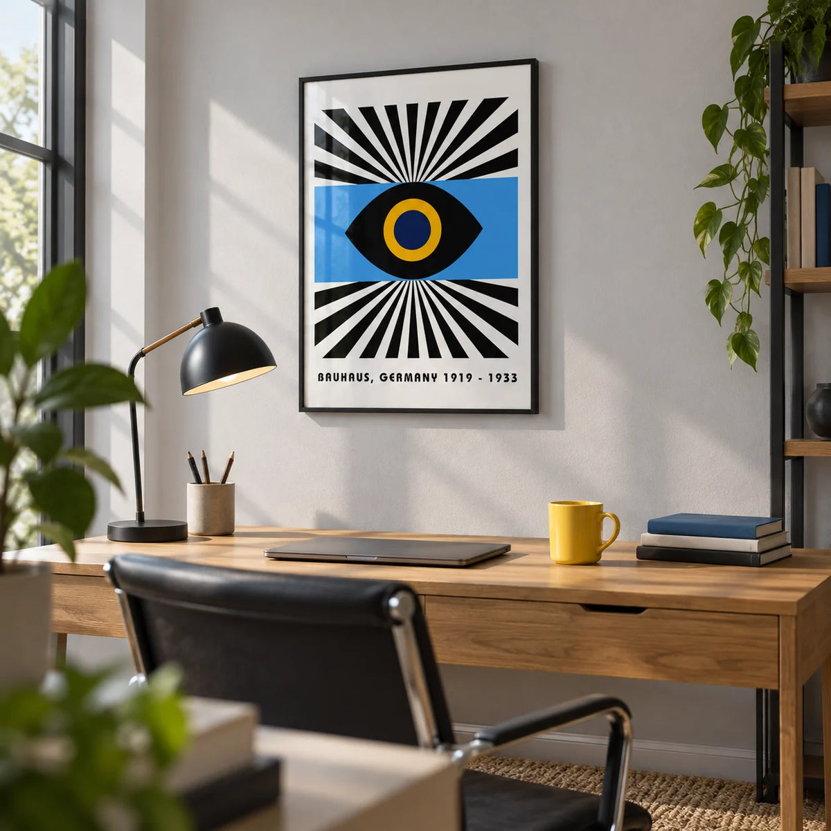 Modern Art Geometric, framed on the wall of a crisp home office with a pale grey wall