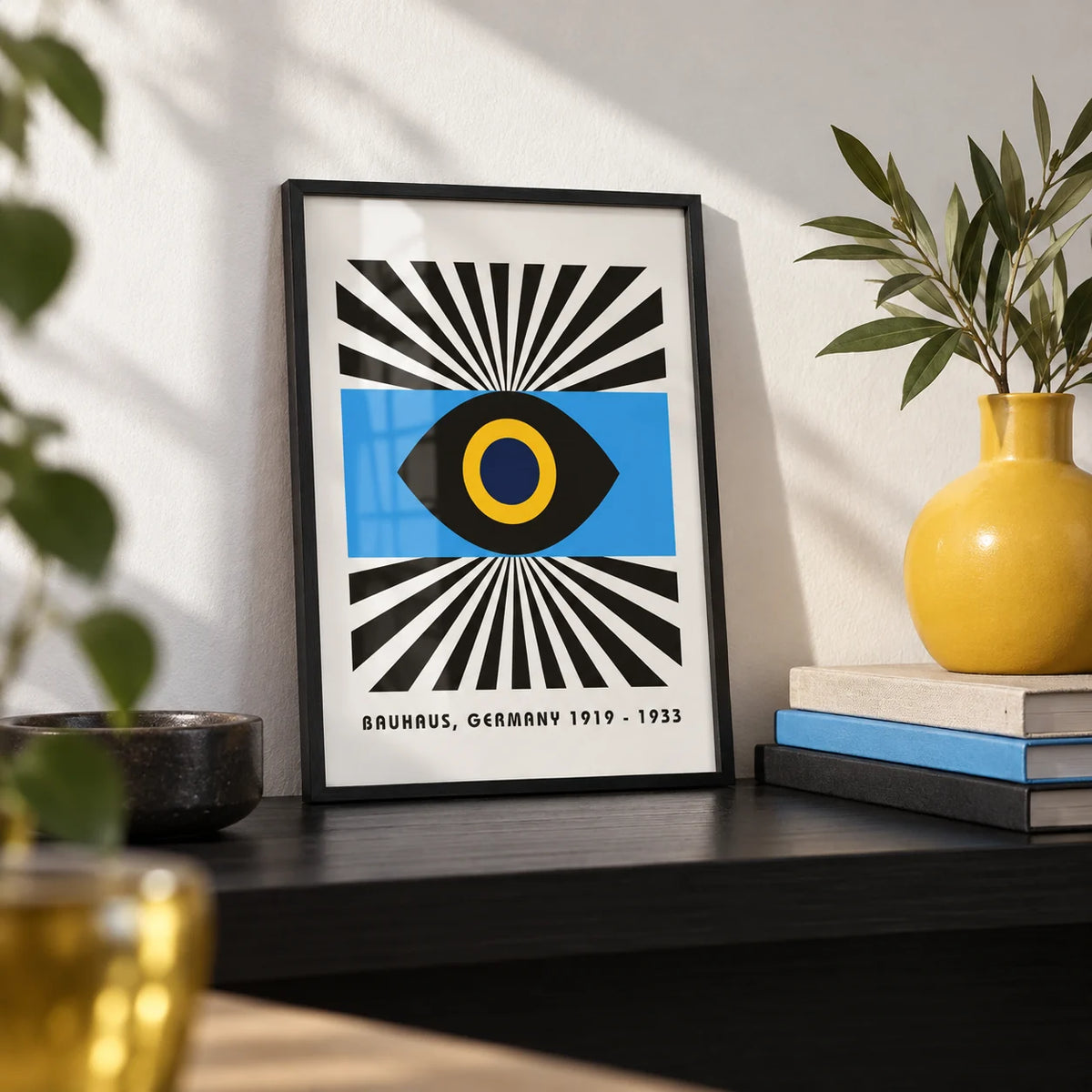 Modern Art Geometric, a small A4 framed print leaning on a black shelf in a living room