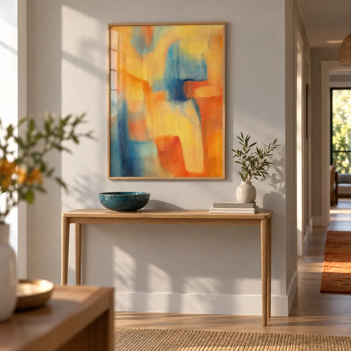 Modern Art Posters, framed on the wall of a bright hallway with a pale grey wall