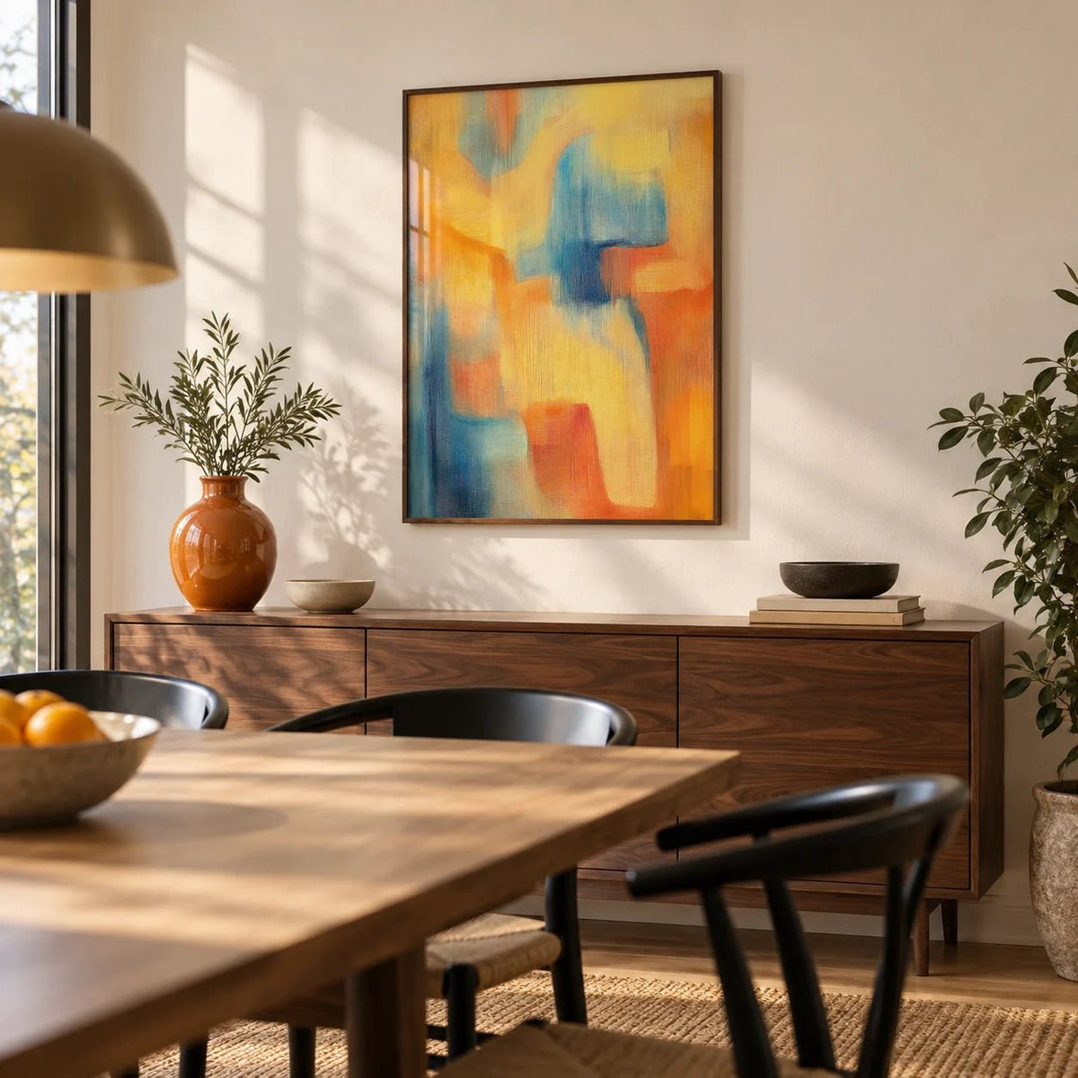 Modern Art Posters, framed on the wall of a modern dining room with a warm white wall