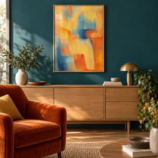 Modern Art Posters, framed on the wall of a modern living room with a deep teal painted wall