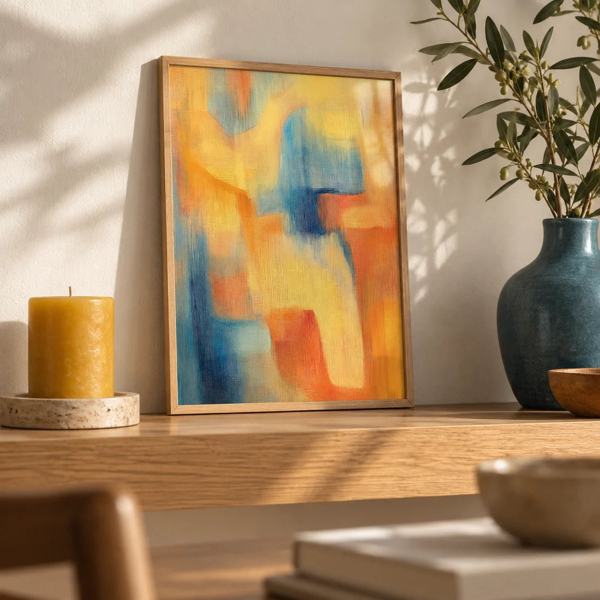 Modern Art Posters, a small A4 framed print leaning on an oak shelf in a living room