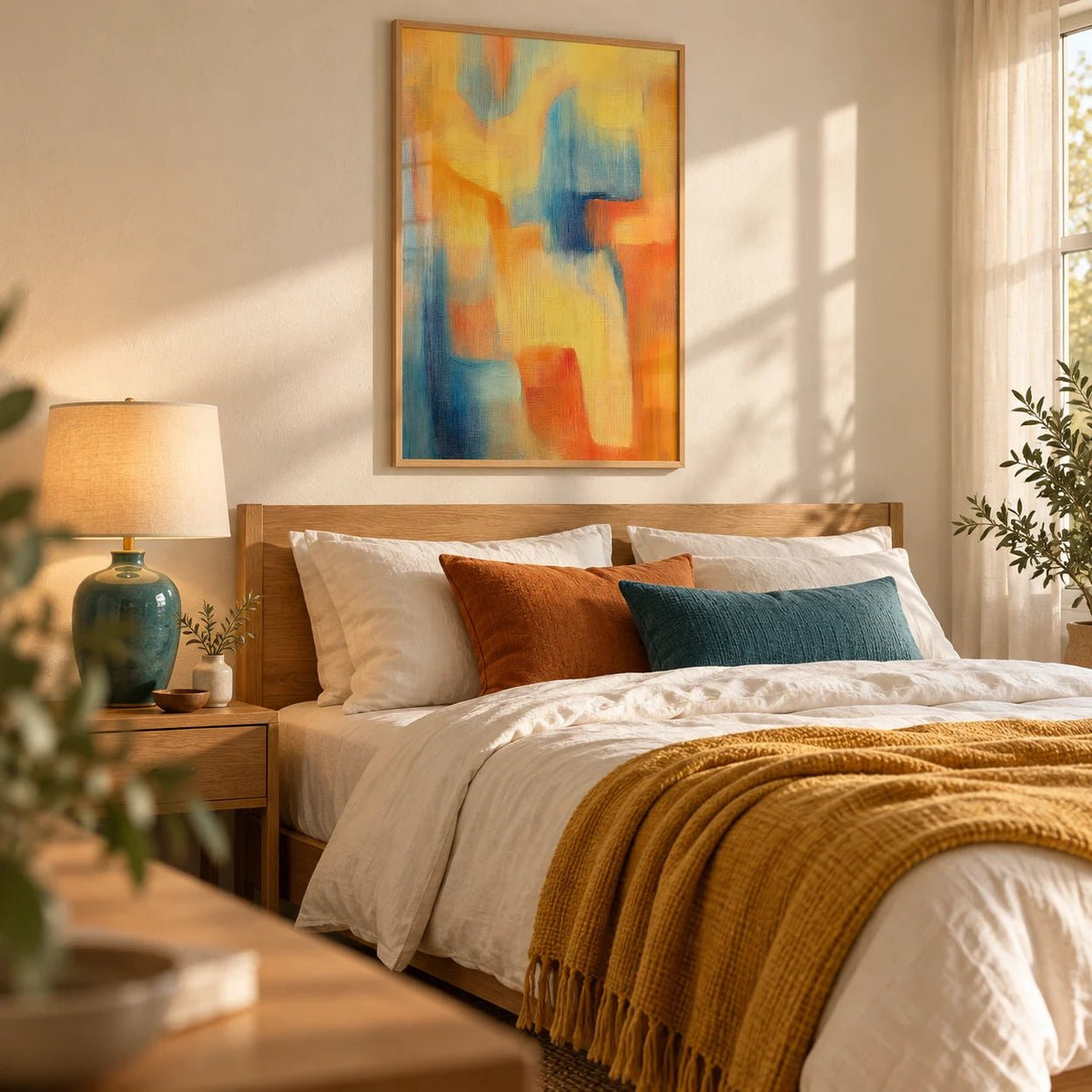 Modern Art Posters, framed on the wall of a warm bedroom with a cream wall