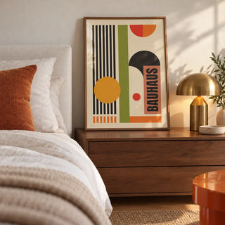 Bauhaus Abstract Art Print, framed on the wall of a calm mid-century bedroom