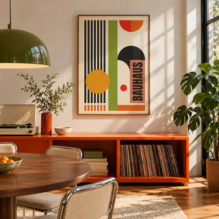 Bauhaus Abstract Art Print, framed on the wall of a mid-century dining room