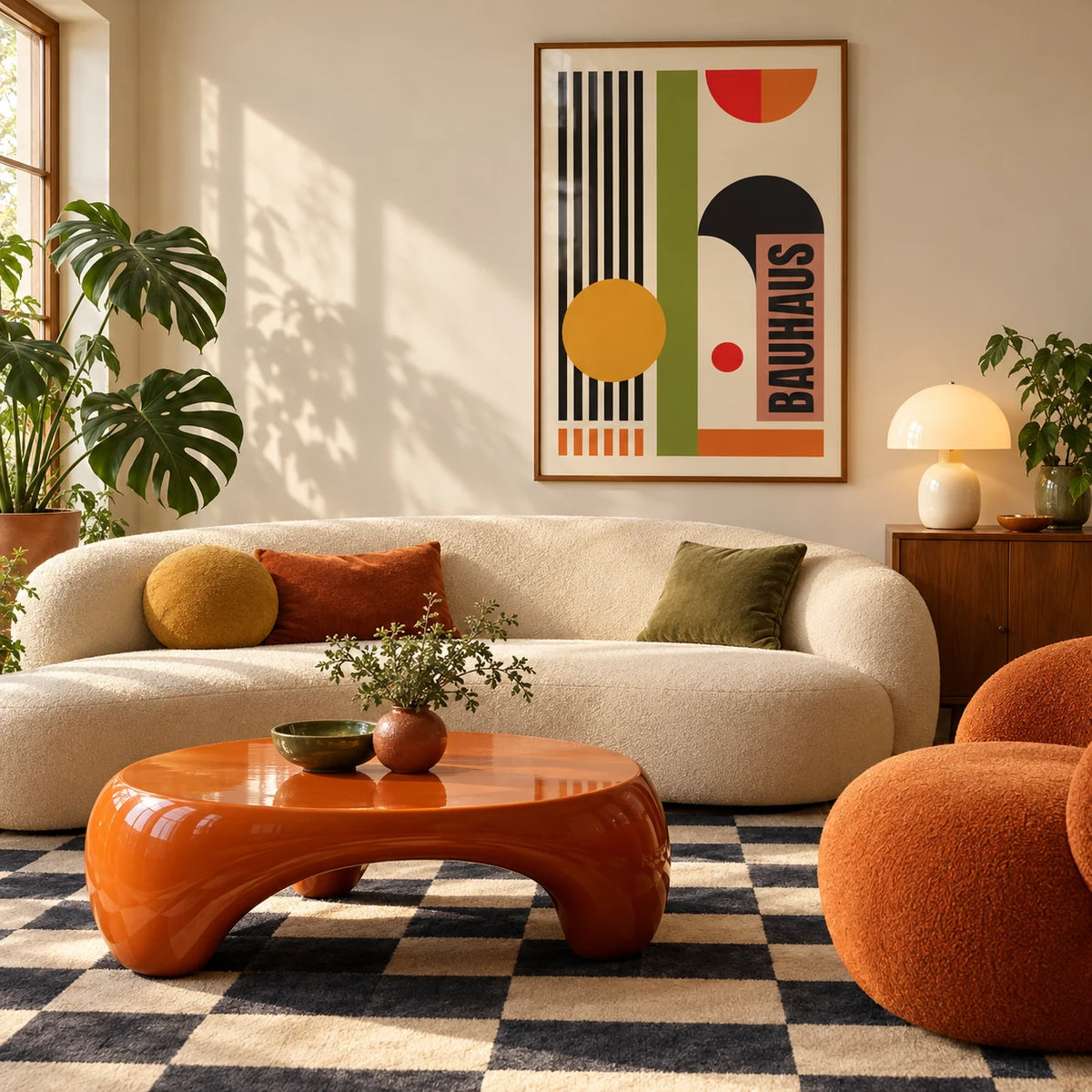 Bauhaus Abstract Art Print, framed on the wall of a mid-century living room