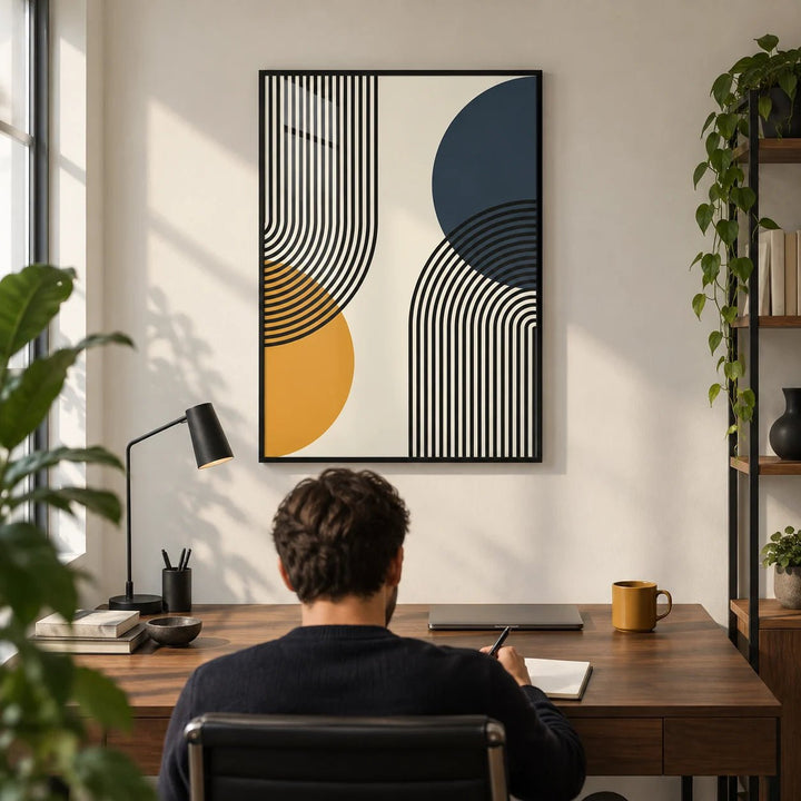 Bauhaus Abstract Art Print, framed on the wall of a modern home office