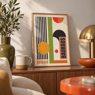 Bauhaus Abstract Art Print, a small A4 framed print leaning on a walnut sideboard in a living room