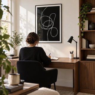 Modern Black And White Art, framed on the wall of a bright home study in a UK maisonette with a white wall and built-in walnut shelving