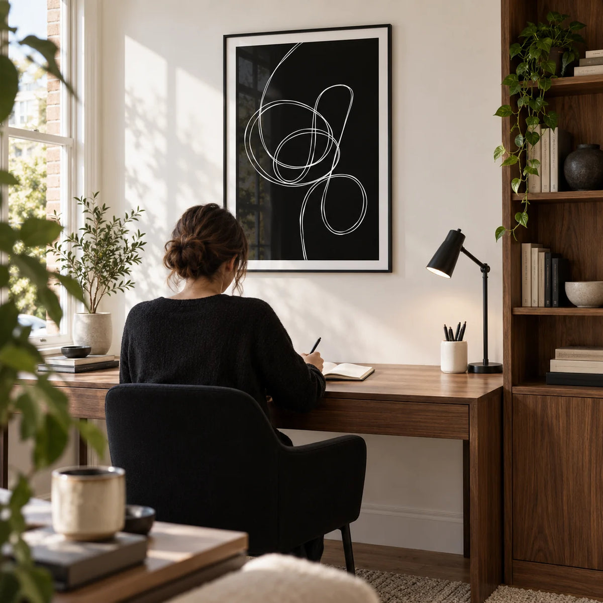 Modern Black And White Art, framed on the wall of a bright home study in a UK maisonette with a white wall and built-in walnut shelving