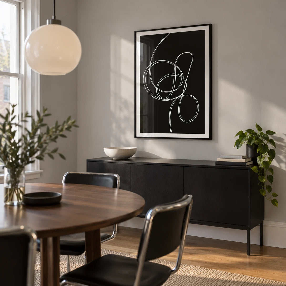 Modern Black And White Art, framed on the wall of a compact modern dining room in a UK flat with pale grey walls and an oak floor