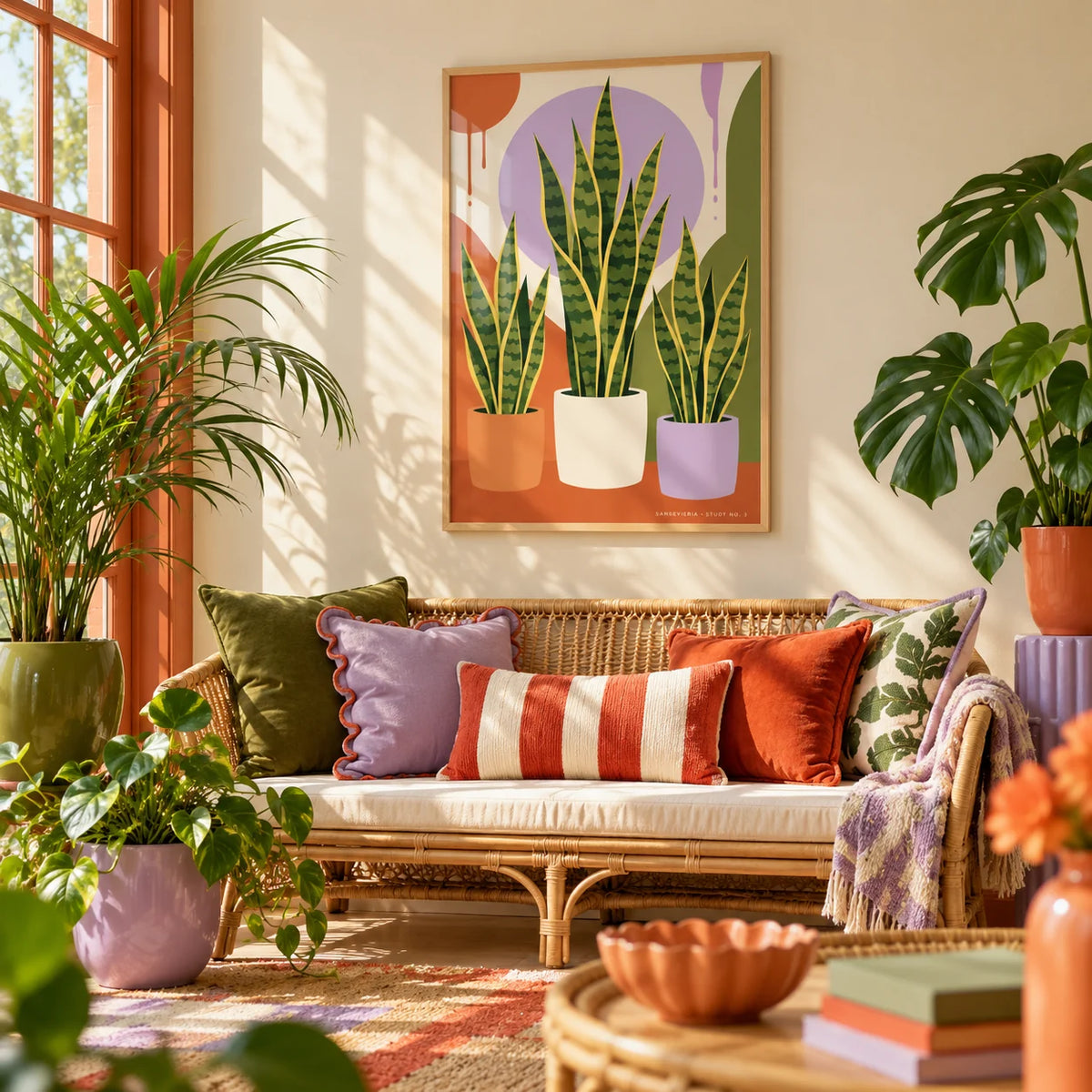 Modern Botanical Print, framed on the wall of a bright sunroom