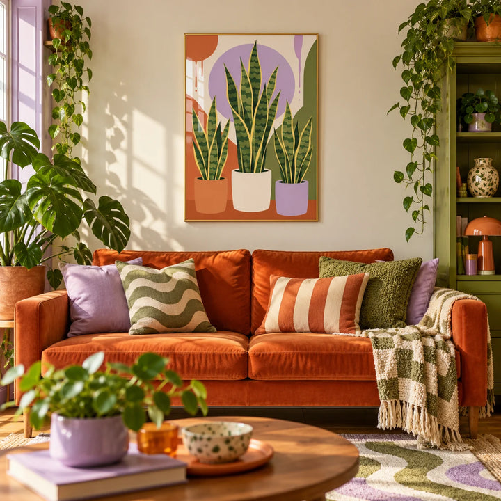Modern Botanical Print, framed on the wall of a colourful plant-filled living room