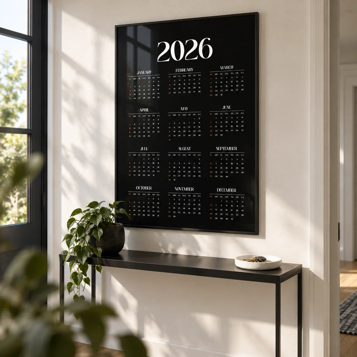Modern Calendar Print, framed on the wall of a crisp hallway