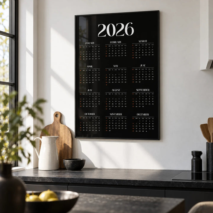 Modern Calendar Print, framed on the wall of a modern kitchen