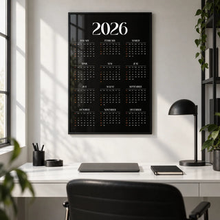 Modern Calendar Print, framed on the wall of a monochrome home office