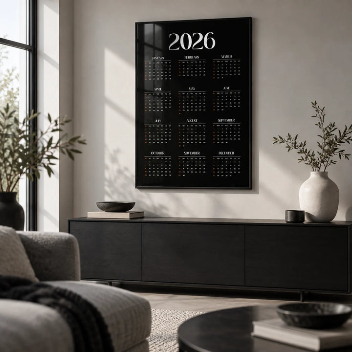 Modern Calendar Print, framed on the wall of a monochrome living room