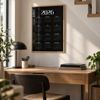 Modern Calendar Print, framed on the wall of a study nook under the stairs