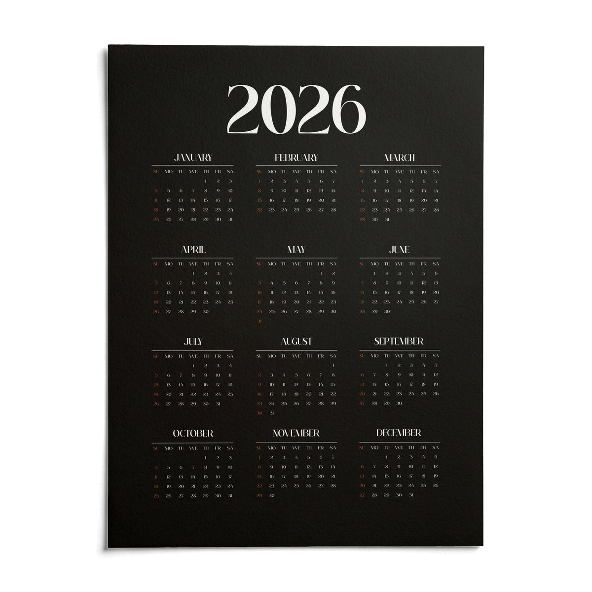 Modern Calendar Print, shown as an unframed paper print on a plain white background