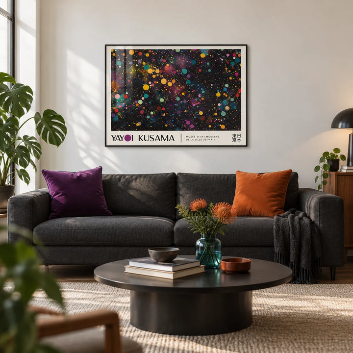 Modern Colorful Wall Art, framed on the wall of a modern city flat living room with a white wall and a dark wood floor