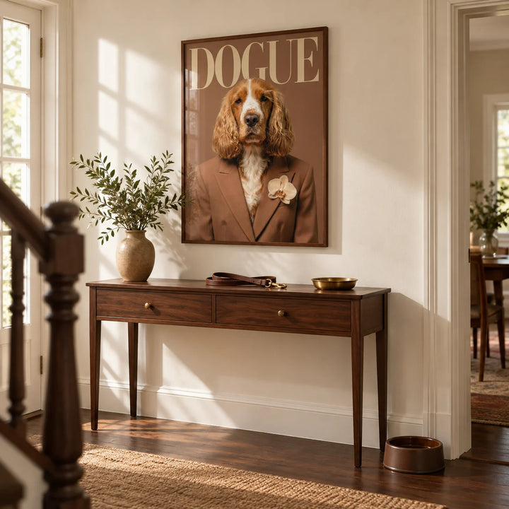 Modern Dog Print, framed on the wall of a classic hallway with a cream wall and a dark wood floor