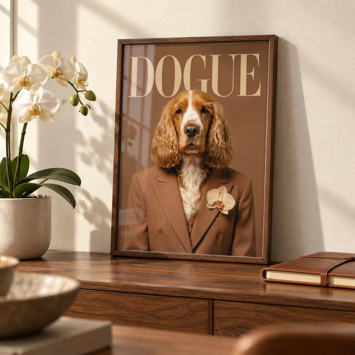 Modern Dog Print, a small A4 framed print leaning on a walnut shelf in a living room