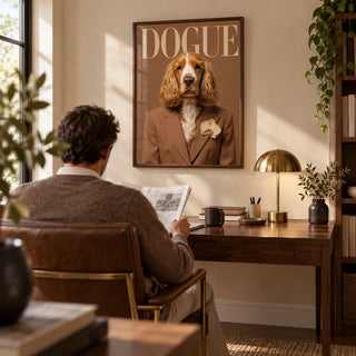 Modern Dog Print, framed on the wall of a smart home study with a soft beige wall