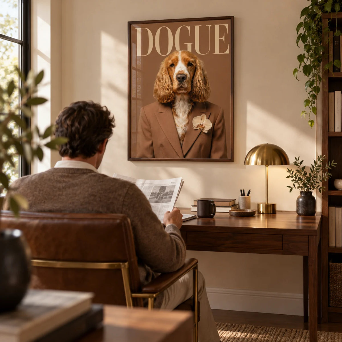 Modern Dog Print, framed on the wall of a smart home study with a soft beige wall