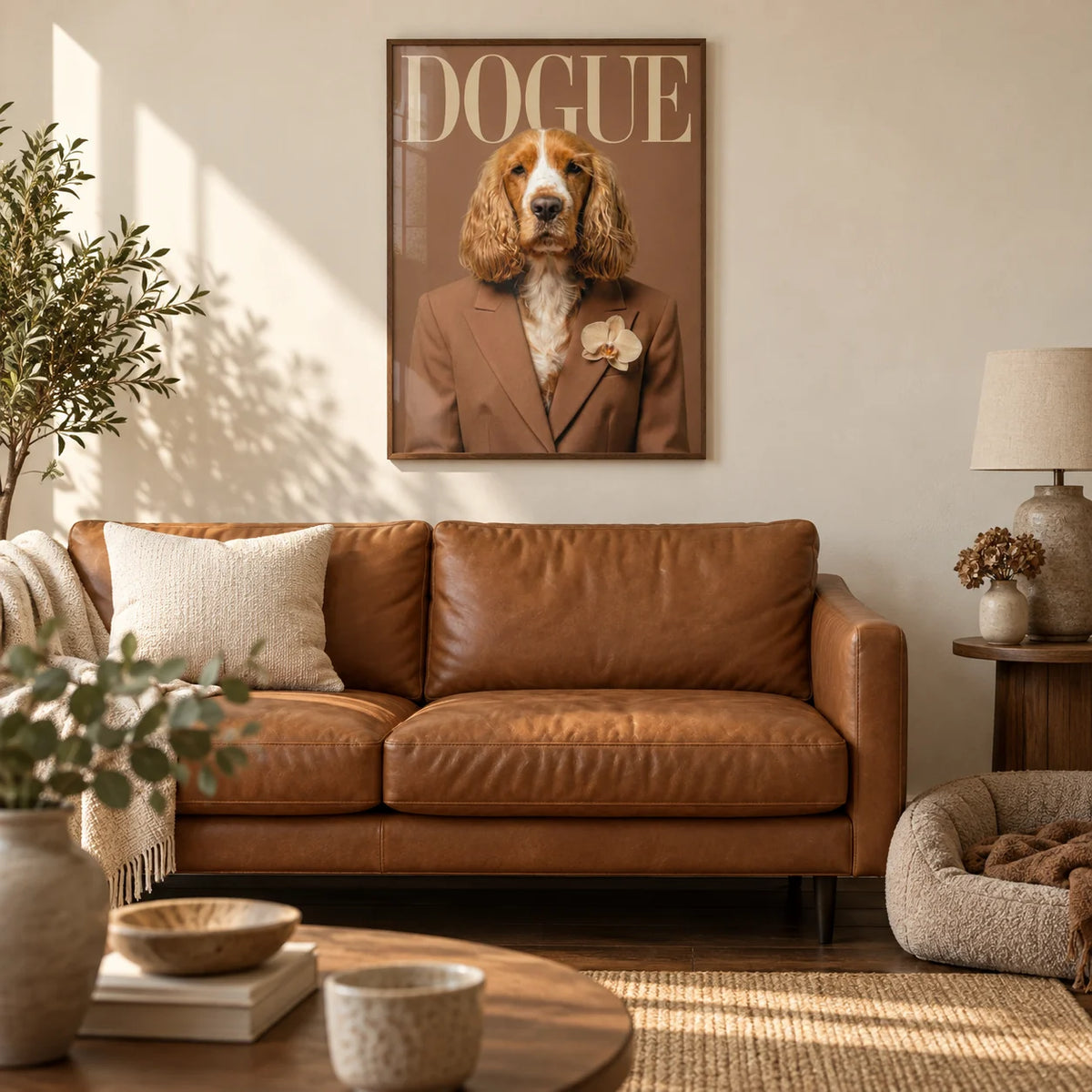 Modern Dog Print, framed on the wall of a stylish living room with a warm cream wall and dark oak floor