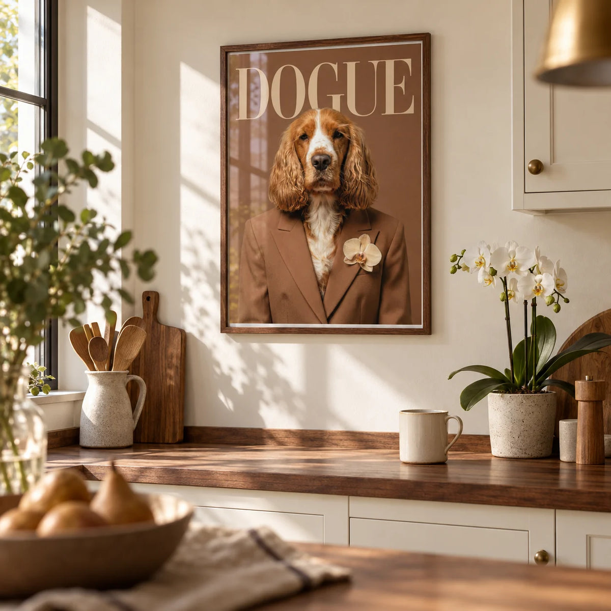 Modern Dog Print, framed on the wall of a warm kitchen with cream cabinets and a walnut worktop