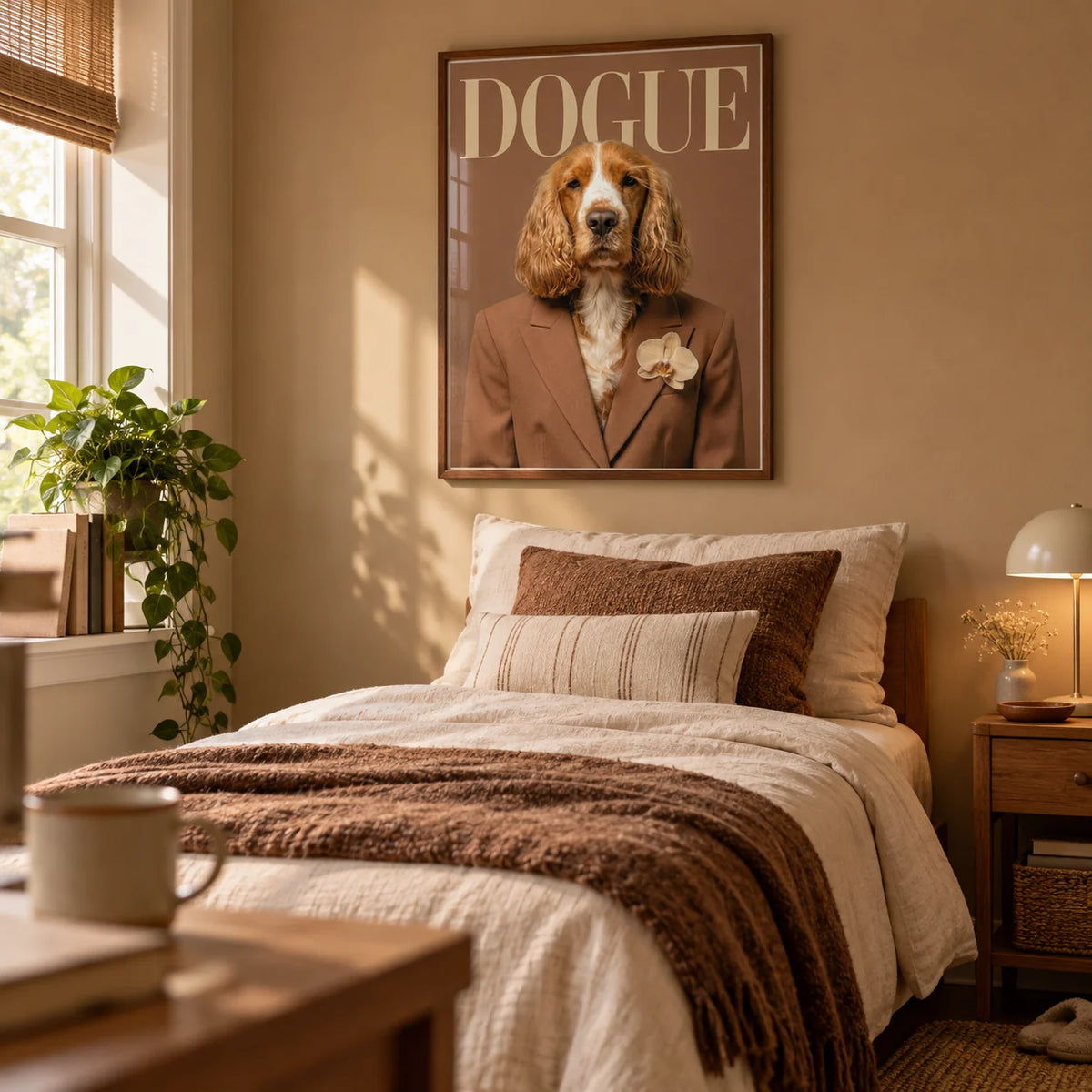 Modern Dog Print, framed on the wall of a warm single bedroom for a young adult (18-25) with a tan painted wall
