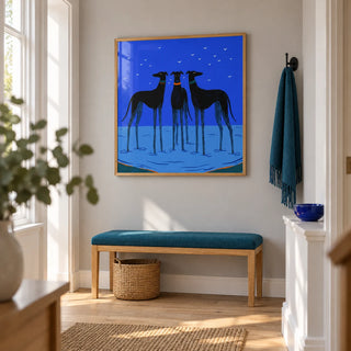 Modern Dog Wall Art, framed on the wall of a bright hallway in a renovated terraced house with a pale grey wall and simple timber flooring