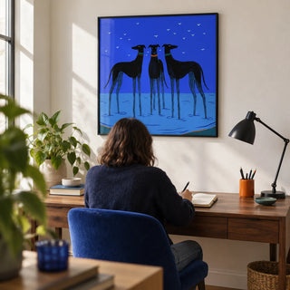 Modern Dog Wall Art, framed on the wall of a compact modern home study with an off-white wall and a walnut desk