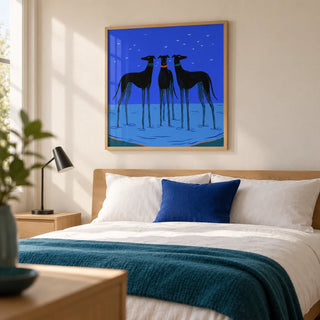 Modern Dog Wall Art, framed on the wall of a contemporary bedroom in a UK flat with a warm white wall and pale oak furniture