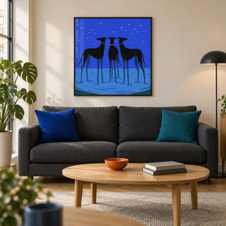 Modern Dog Wall Art, framed on the wall of a modern living room in a UK city flat with a warm white wall