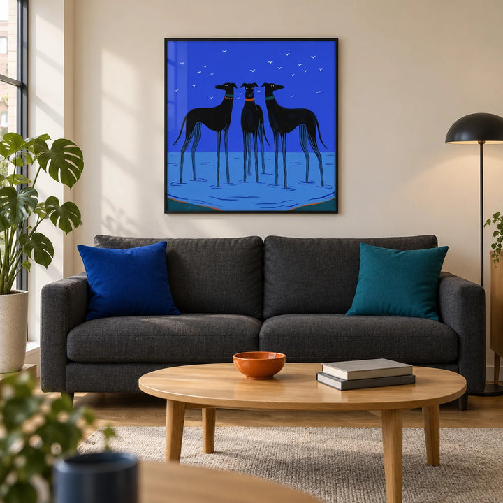 Modern Dog Wall Art, framed on the wall of a modern living room in a UK city flat with a warm white wall