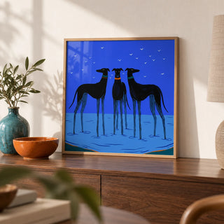 Modern Dog Wall Art, a small A4 framed print leaning on a walnut side table in a hallway