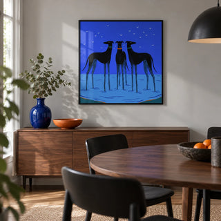 Modern Dog Wall Art, framed on the wall of a small design-led dining room with a pale grey wall and a round walnut dining table