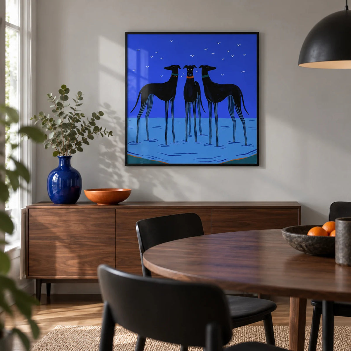 Modern Dog Wall Art, framed on the wall of a small design-led dining room with a pale grey wall and a round walnut dining table