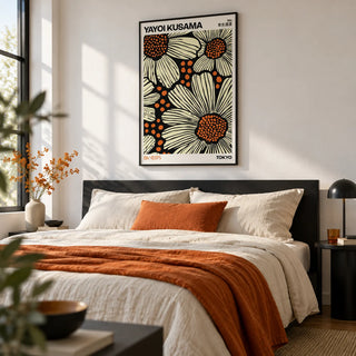 Modern Floral Art Print, framed on the wall of a crisp modern bedroom with a white wall